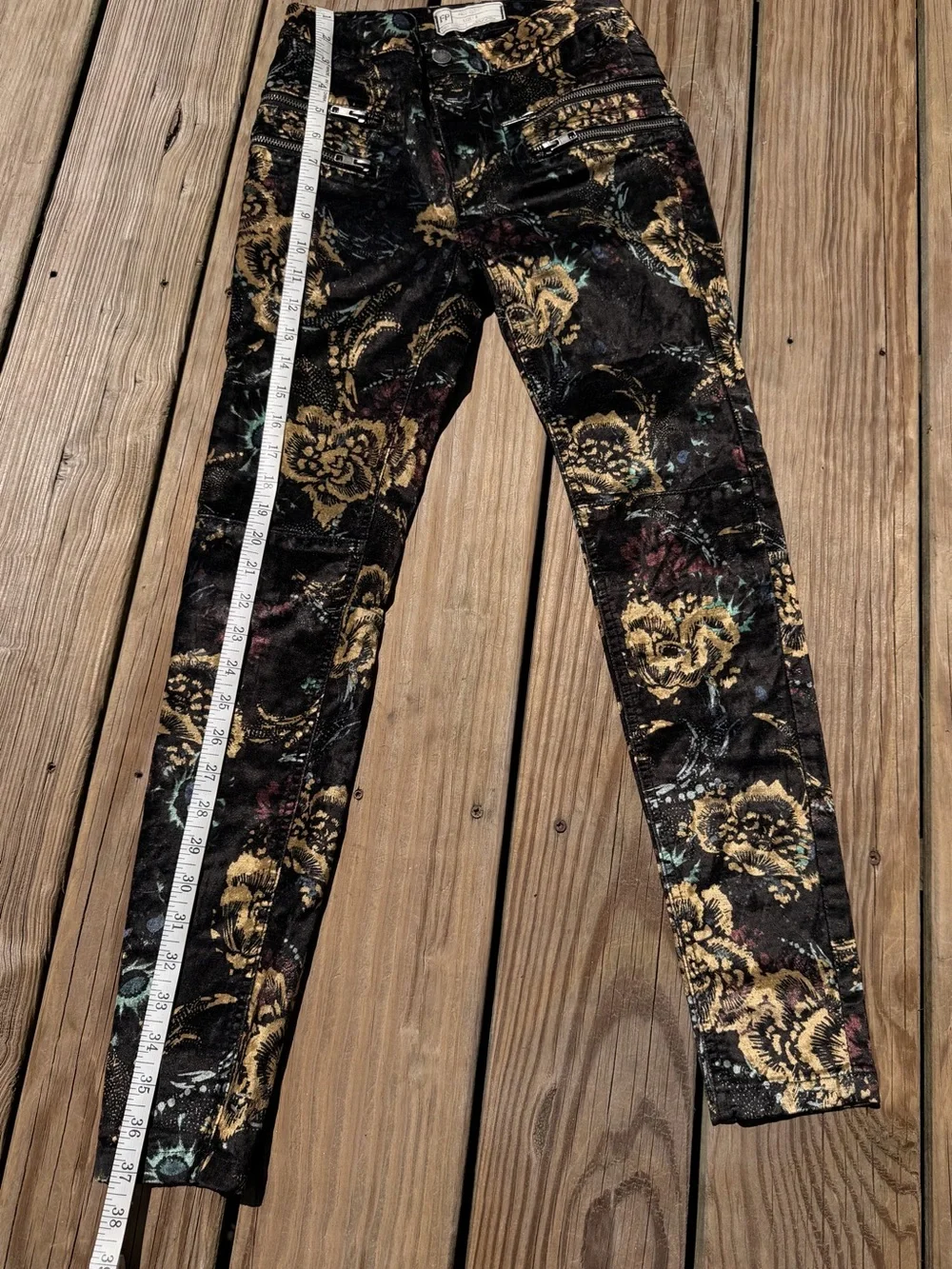 Free People Black Skinny Jeans with Gold Floral Jacquard